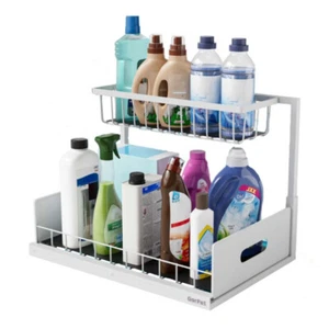 Spülschrank Organizer schmal Küche Metall unter Waschbecken Gewürz Regal weiß - Bild 1 von 9
