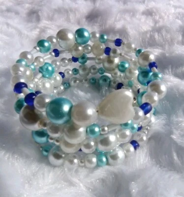 SelbstgemachtesPerlenarmband Damen Mehrreihig Memory Pastellfarben Blautöne  - Bild 1 von 4