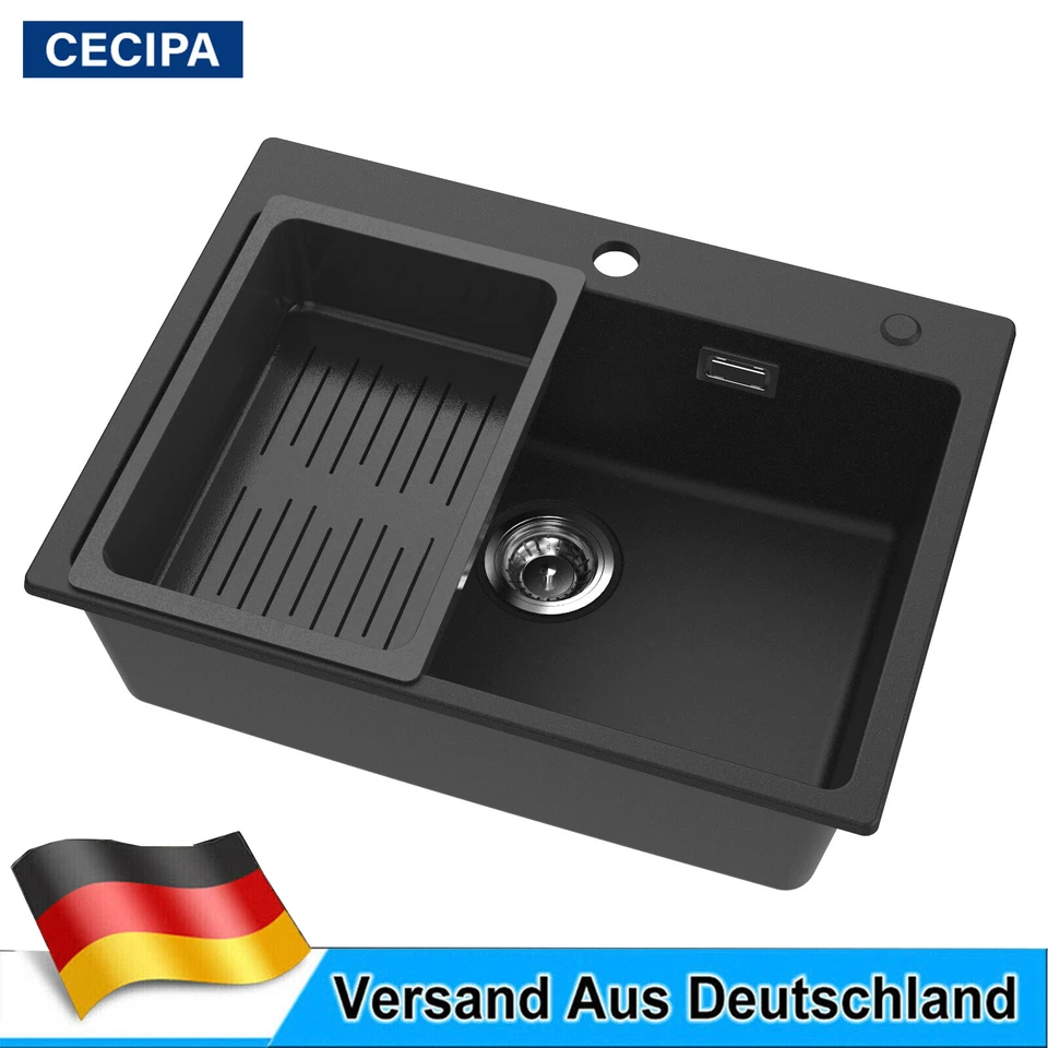 Granit Spülbecken Schwarz Küchenspüle mit Siebkorb Granitspüle mit Siphon 60x45  - Bild 1 von 4