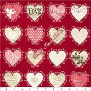 RILEY BLAKE "LOST & FOUND LOVE" C4202 HEARTS RED COTTON FABRIC PANEL 17 1/2"X44" - Picture 1 of 1