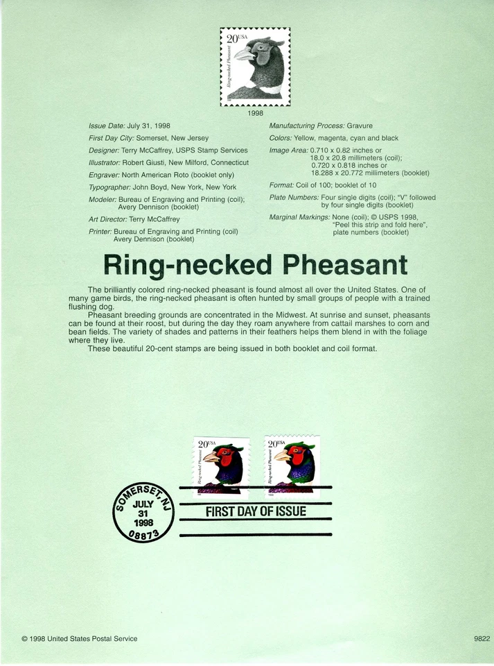 1998 USPS 20¢ RING-NECKED PHEASANT #9822 on Archival Paper - Image 1 of 1