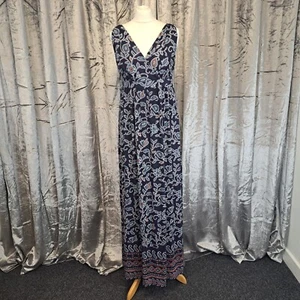 Monsoon Maxi Dress Large Blue Floral Jersey V-Neck Approx 14 - Picture 1 of 11