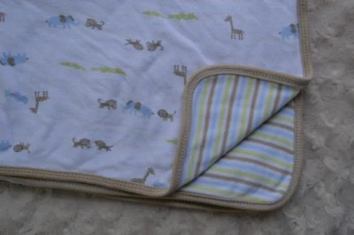 Carter's Baby Blanket Tan White Green Blue Stripes Animals Giraffe Monkey Rhino - Image 1 of 4