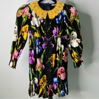 NWT Dolce & Gabanna Girl's Black Long Sleeve Collared Floral Cotton Dress Size 8 - Image 1 of 4