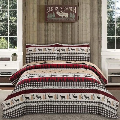 Rustic King Quilt Set Black White Plaid Bear Microfiber Bedding Coverlet - Image 1 of 4