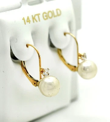 GENUINE  7 mm WHITE PEARLS & DIAMOND EARRINGS 14K GOLD - Made in USA - Image 1 of 4