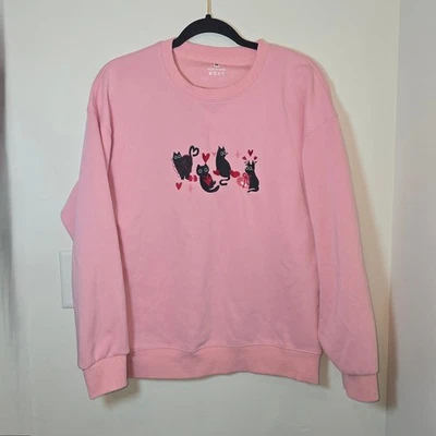 Cat Embroidered Crewneck Sweatshirt Size M Pink Hearts Black Kitten Valentines - Image 1 of 4