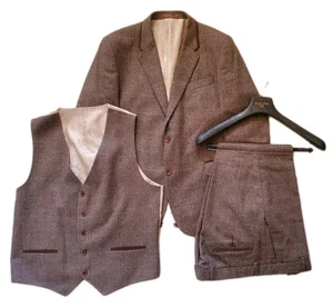 Traje Slaters de 3 piezas para hombre Jkt 44R Trs 38R marrón tweed tejido espiga PVP £289 - Imagen 1 de 21