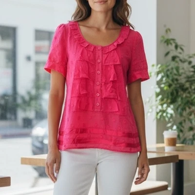 Nuevo con etiquetas Blusa Juicy Couture Lilly Drew Jaquard Volantes Talla 8 | Punto Rosa Caliente S/S Foto 1 de 4