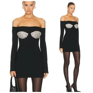 AREA Black Crystal Cup Off The Shoulder Mini Long Sleeve Dress Black XS NEW - Picture 1 of 11