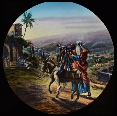 ANTIKES magisches Laternendia GUTER SAMARITER UM 1900 CHRISTLICHE GESCHICHTE ZEICHNUNG ESEL - Bild 1 von 2