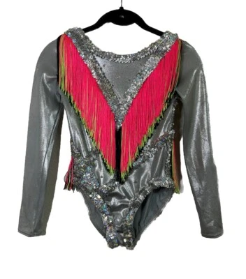 Leotardo de Colección Plateado Metálico Manga Larga Gimnastas Rítmicas Neón Circo Flecos MC Foto 1 de 4