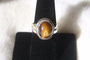 Signed Navajo Sterling Silver Tiger Eye Ring - Picture 1 of 8