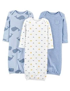 Baby Boys' Cotton Sleeper Gown, Pack of 3 Newborn Heather/Stripe/Whales - Picture 1 of 7