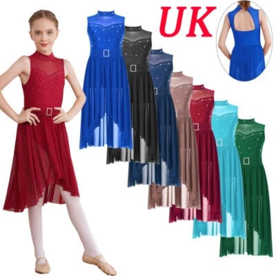 UK Kids Girls Dance Dress Mesh Lyrical Festival Leotard Rhinestone Modern Shiny - Image 1 of 4