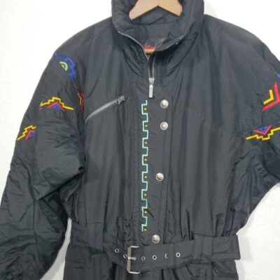 Vintage Kaelin Onepiece Ski Snowsuit Black Size 12 Aztec Design Embroidery - Image 1 of 4