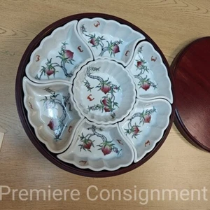 Vintage Wood Lazy Susan with ceramic/china inserts and lid overjoy china style - Picture 1 of 6