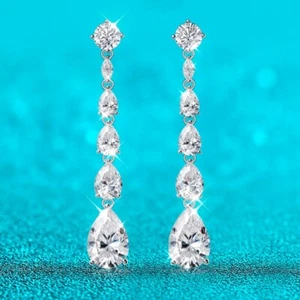 D VVS1 Pear Cut Moissanite Tassel Earrings Sterling Silver 14k White Gold Plated - Picture 1 of 11