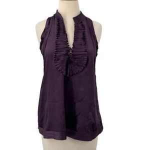 BCBGMAXAZRIA Women's Sleeveless Purple Racerback Silk Top Ruffled Neck Size XXS - Picture 1 of 7