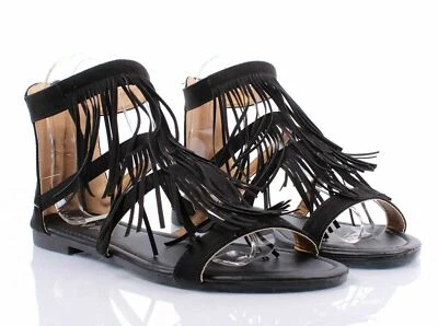 Black Color Fringe Faux Suede Ruffle Design Shaft Zip Womens Gladiator Sandals - Image 1 of 4
