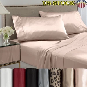 Soft Breathable Satin Silk Sheet Set Queen Luxury Bedding 4 Pcs Deep Pocket New - Picture 1 of 9