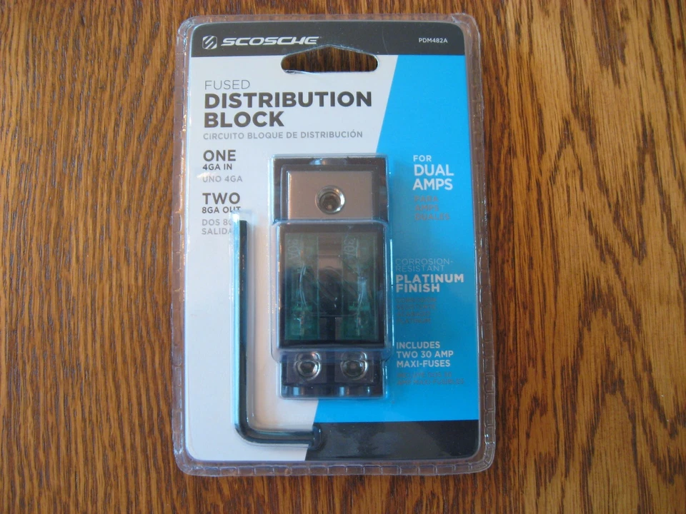 Scosche PDM482 Fused Distribution Block for Dual Amps, 2 Output, Platinum Finish - Image 1 of 4