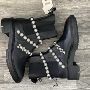 Zara Pearl Strap Leather Platform Lug Sole Chelsea Ankle Boots Black NewSz. 7.5 - Picture 1 of 8