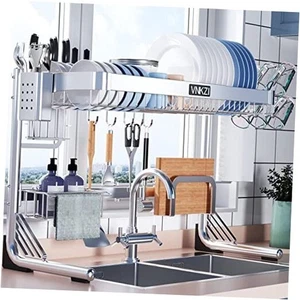 Over Sink Dish Drainer Drying Rack, 2 Tier Full Stainless Steel Storage Silver - Picture 1 of 7