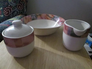 Sango Cresendo 1990er Steinzeug Multicolor SET GEMÜSESCHALE SAHNEKÄNNCHEN & ZUCKERDOSE - Bild 1 von 4