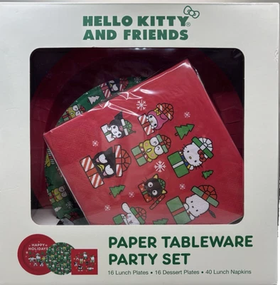 Hello Kitty Paper Tableware Party Set Happy Holidays Christmas Gifts NEW In Box - Image 1 of 4