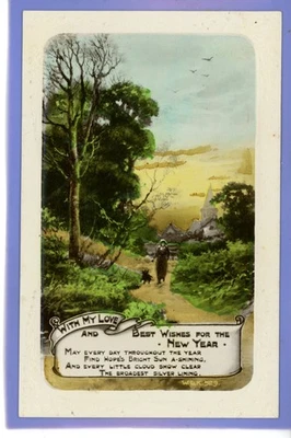 VINTAGE WILDT & KRAY RP POSTCARD WOMAN & DOG HAVING COUNTRY WALK NEW YEAR - Image 1 of 2
