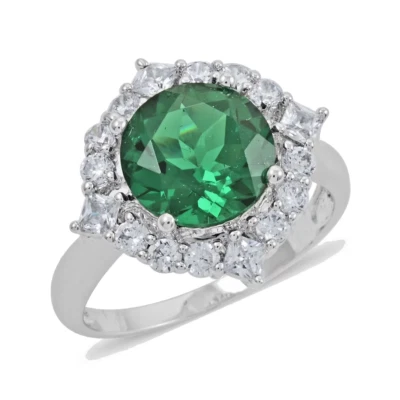 Anillo; Anillo Simulado Esmeralda y Diamantes; Platino Plateado - Tono Plateado Talla 6 NUEVO Foto 1 de 4