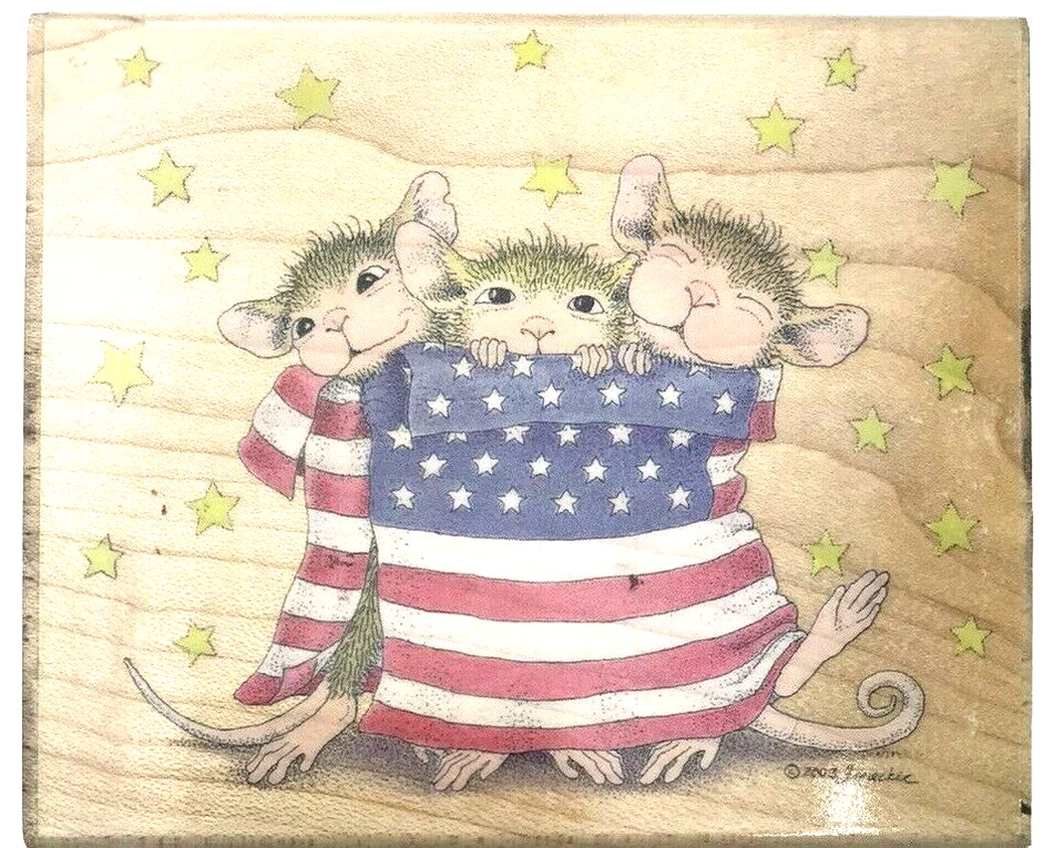 Casa Ratón Madera Goma Sello Envoltura Patriótica 4 de Julio Bandera Día de la Independencia Foto 1 de 3