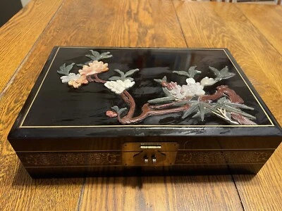 复古中国亚洲古董珠宝盒黄铜-升起花卉装饰哇! — 第 1/4 张图片