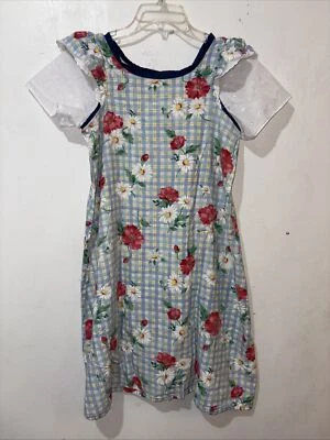 *Handmade* Girls Nightgown Size 14/16 Blue Gingham Floral White Lace Short Slv - Image 1 of 4
