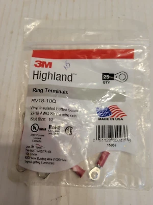 3M RV18-10Q 22-18 Gauge AWG Vinyl Ring Terminals  #10 Stud Crimp 25 pc pak - Image 1 of 2