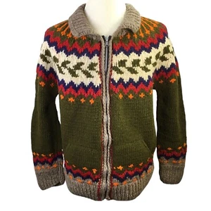 Wool Hand Knit Chunky Cardigan Sweater Ecuador Native Full Zip Unisex Colorful - Picture 1 of 7