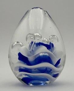 Glass Swirl Art Cobalt Blue Teardrop Egg Stripes Bubbles Decor Collectible  - Picture 1 of 12