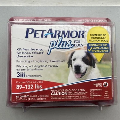 PET ARMOR PLUS Perros 89 - 132 libras/Piojos de pulgas garrapatas/3 aplicaciones NUEVO Foto 1 de 2