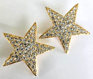 Vintage Clear Rhinestone Celestial Star Gold Tone Clip Earrings 1-11/16" - Picture 1 of 6