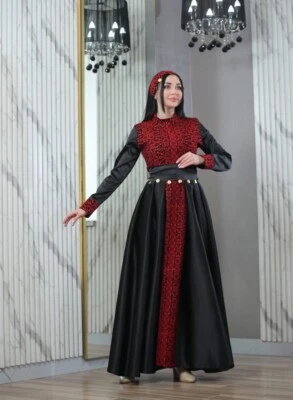 Women Palestinian Embroidered Long Shoulder Satin Dress with Coins Details Belt - Image 1 of 4
