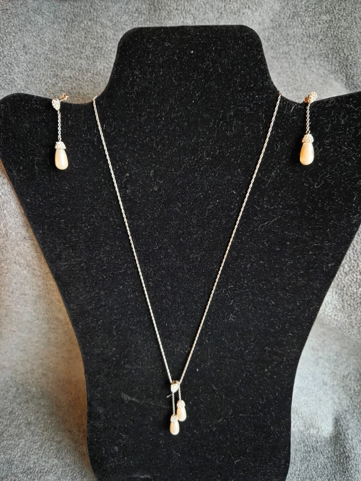 Collar y Pendientes Doble Lágrima Cristal Blanco Plata 925 y Perlas Foto 1 de 4