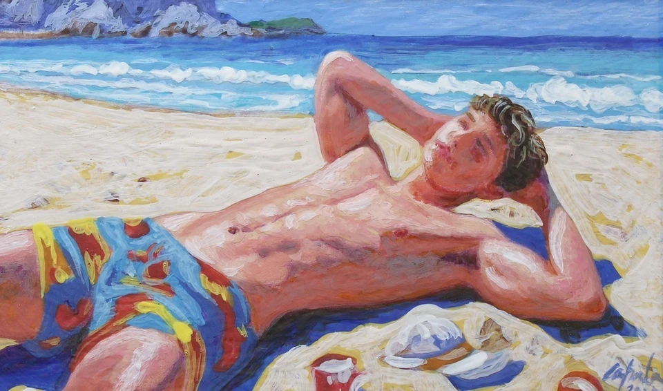 Pintura en miniatura acrílica arte de interés masculino gay original playa Foto 1 de 4