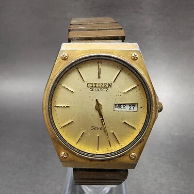 Relógio Citizen Seven masculino 35mm mostrador champange tom dourado data do dia 1400-282949 PEÇAS - Imagem 1 de 4