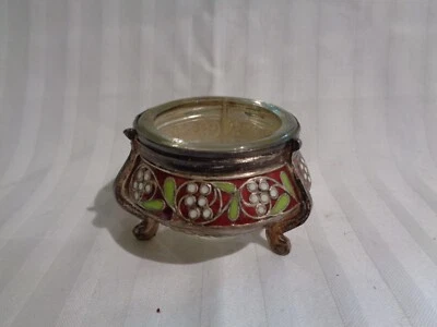 Inserto de vidrio de bodega de caviar de sal esmaltada rusa vintage con patas rojo verde Foto 1 de 4