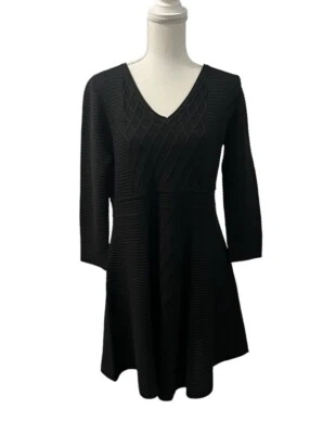 Vestido Marc New York Andrew Marc Negro LS Texturizado Acanalado Tejido Ajuste y Acampanado Talla L Foto 1 de 4