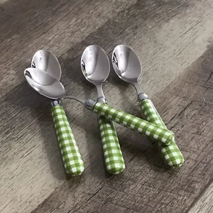 Green Gingham Handle 4 Piece Small Spoon Flatware INOX Stainless Made in Italy - Picture 1 of 7