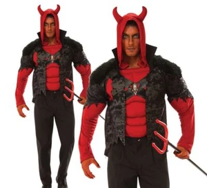 Adult DELUXE RED DEVIL Muscle Chest Men Fancy Dress Costume or Trident Halloween - Picture 1 of 3