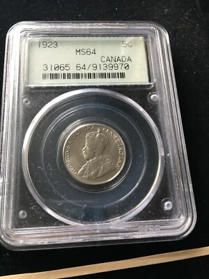 1923  PCGS Graded Canadian,  5 Cent, **MS-64**.  - Image 1 of 4