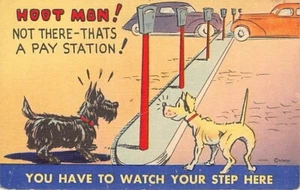 Vintage Comic Postcard: Dogs and Parking Meters, Linen, 1940's - Picture 1 of 2